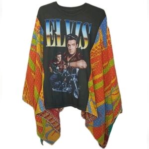 Y2k Elvis Presley Tee Upcycled Kantha Poncho Top Woman O/S Music Festival Retro